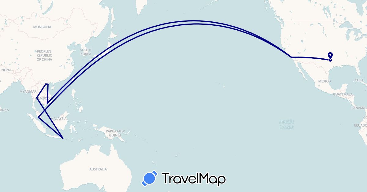 TravelMap itinerary: driving in Indonesia, Japan, Malaysia, Thailand, Taiwan, United States, Vietnam (Asia, North America)